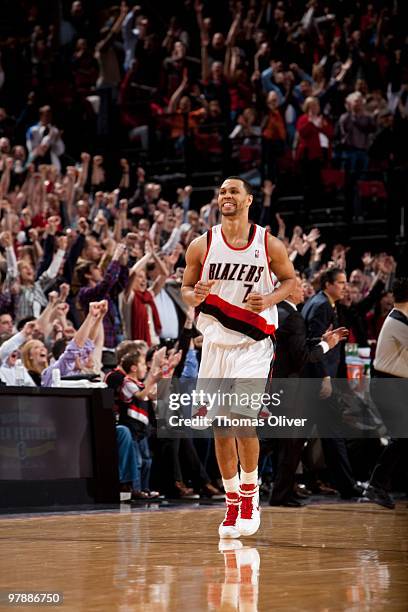 Brandon Roy of the Portland Trail Blazers heads back down court after his game winning shot during a game against the Washington Wizards on March 19,...
