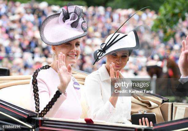 Sophie, Countess of Wessex and Meghan, Duchess of Sussex attend Royal Ascot Day 1 at Ascot Racecourse on June 19, 2018 in Ascot, United Kingdom.