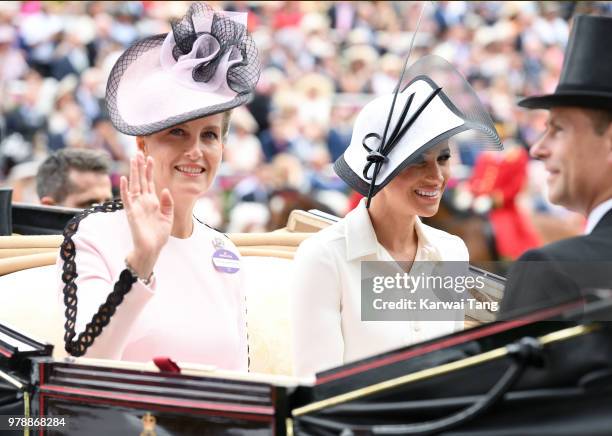 Sophie, Countess of Wessex and Meghan, Duchess of Sussex attend Royal Ascot Day 1 at Ascot Racecourse on June 19, 2018 in Ascot, United Kingdom.