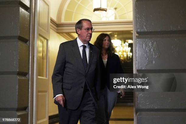 Rep. Bob Goodlatte arrives at a meeting between U.S. President Donald Trump and House Republicans at the U.S. Capitol June 19, 2018 in Washington,...