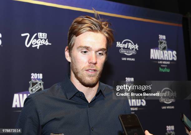 Connor McDavid of the Edmonton Oilers attends the 2018 NHL Awards nominee media availability at the Encore Las Vegas on June 19, 2018 in Las Vegas,...
