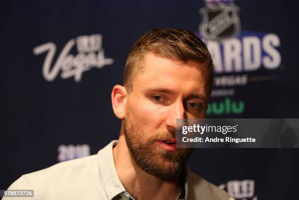 Blake Wheeler of the Winnipeg Jets speaks during media availability at the Hard Rock Hotel & Casino on June 19, 2018 in Las Vegas, Nevada.