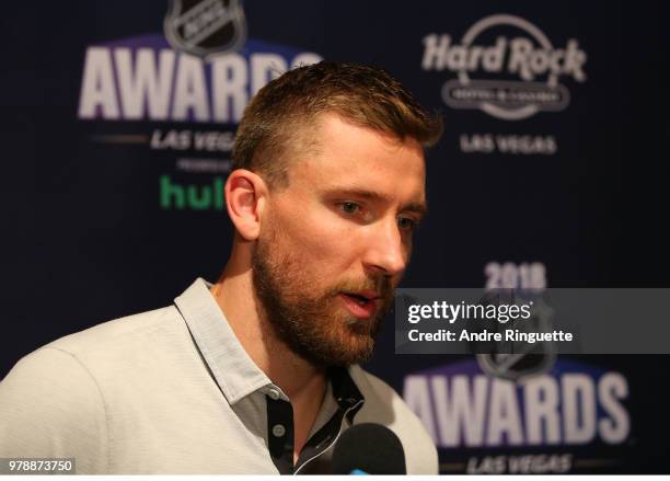 Blake Wheeler of the Winnipeg Jets speaks during media availability at the Hard Rock Hotel & Casino on June 19, 2018 in Las Vegas, Nevada.
