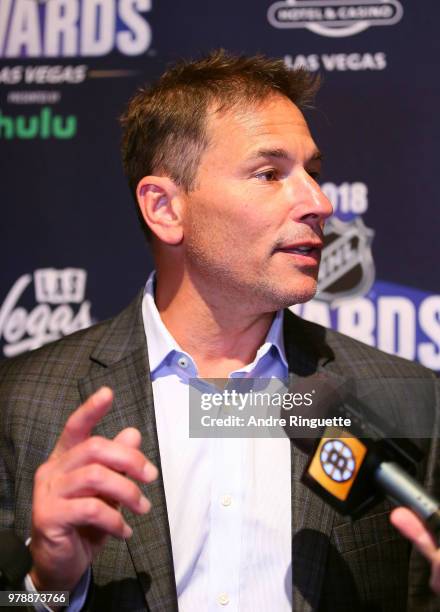 Head Coach Bruce Cassidy of the Boston Bruins speaks during media availability at the Hard Rock Hotel & Casino on June 19, 2018 in Las Vegas, Nevada.