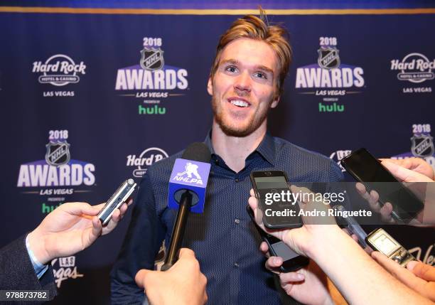 Connor McDavid of the Edmonton Oilers laughs during media availability at the Hard Rock Hotel & Casino on June 19, 2018 in Las Vegas, Nevada.