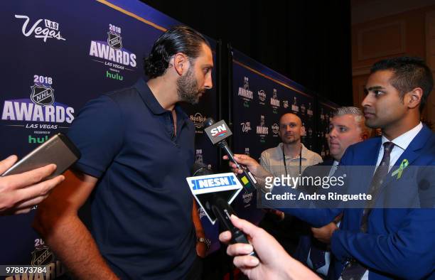 Roberto Luongo of the Florida Panthers speaks during media availability at the Hard Rock Hotel & Casino on June 19, 2018 in Las Vegas, Nevada.