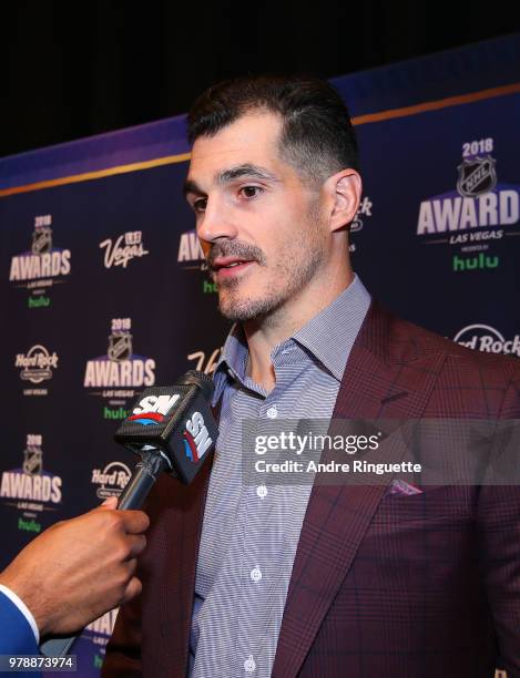 Brian Boyle of the New Jersey Devils speaks during media availability at the Hard Rock Hotel & Casino on June 19, 2018 in Las Vegas, Nevada.