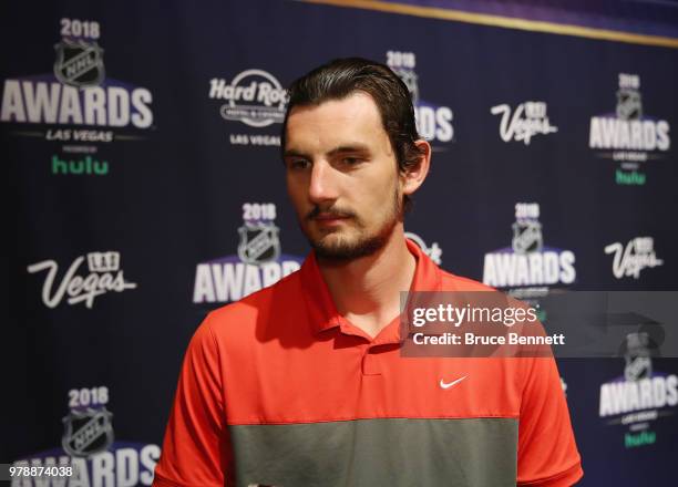 Connor Hellebuyck of the Winnipeg Jets attends the 2018 NHL Awards nominee media availability at the Encore Las Vegas on June 19, 2018 in Las Vegas,...