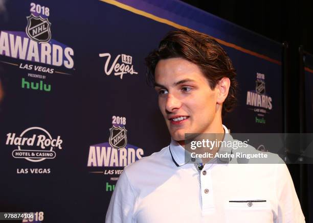 Mathew Barzal of the New York Islanders speaks during media availability at the Hard Rock Hotel & Casino on June 19, 2018 in Las Vegas, Nevada.