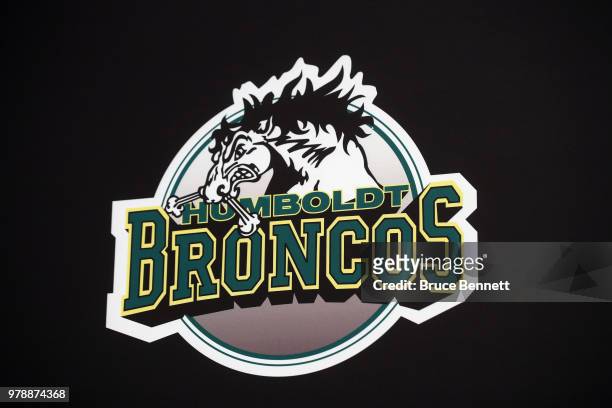 The logo of the Humboldt Broncos is displayed during a press conference prior to the 2018 NHL Awards at the Encore Las Vegas on June 19, 2018 in Las...