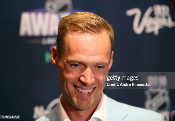 Pekka Rinne of the Nashville Predators attends media availability at the Hard Rock Hotel & Casino on June 19, 2018 in Las Vegas, Nevada.