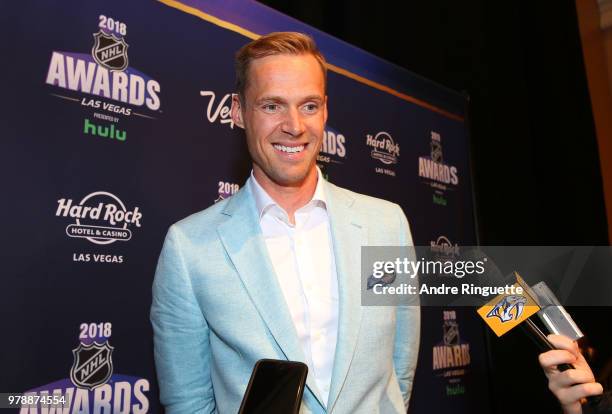 Pekka Rinne of the Nashville Predators attends media availability at the Hard Rock Hotel & Casino on June 19, 2018 in Las Vegas, Nevada.