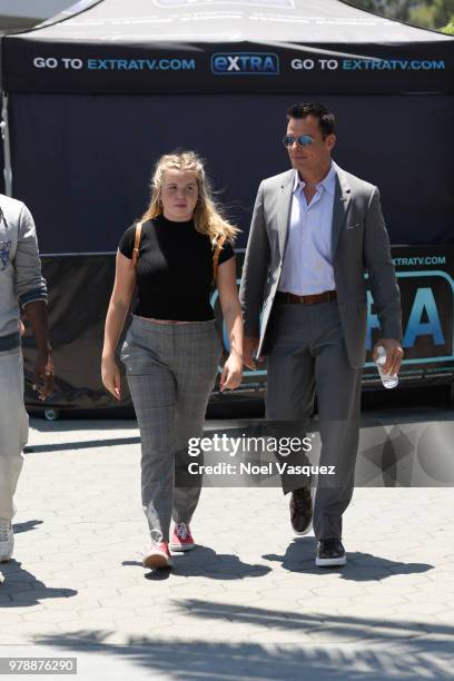 Mina Bree Sabato and Antonio Sabato Jr. Visit "Extra" at Universal Studios Hollywood on June 19, 2018 in Universal City, California.