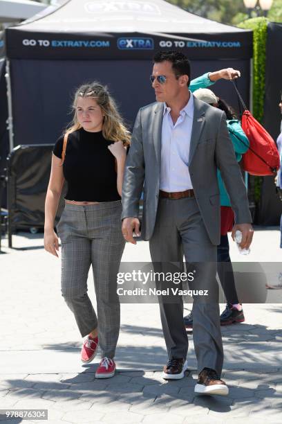 Mina Bree Sabato and Antonio Sabato Jr. Visit "Extra" at Universal Studios Hollywood on June 19, 2018 in Universal City, California.