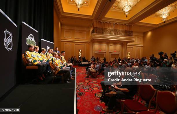 The Humboldt Broncos attend media availability moderated by sportscaster Elliotte Friedman at Wynn Las Vegas on June 19, 2018 in Las Vegas, Nevada.