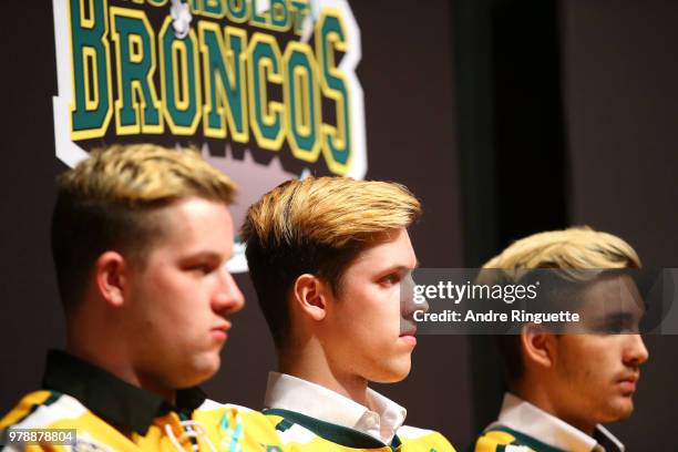 Derek Patter, Xavier Labelle and Brayden Camrud of the Humboldt Broncos and their teammates attend media availability moderated by sportscaster...