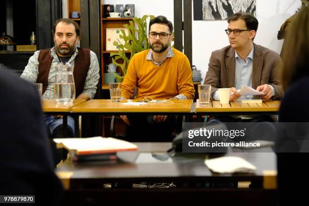 January 2018, Romania, Bukarest: The authors Bogdan-Alexandru Stanescu and Marius Chivu as well as culture journalist Matei Martin deliver statements...