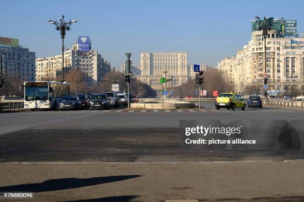 January 2018, Romania, Bukarest: Broad boulevards shape the city's image. The main axis is the Bulevardul Unirii, which leads up to the...