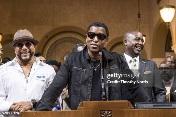 Kenneth 'Babyface' Evans speaks during the recognition presentation of SOLAR 40th Anniversary for Los Angeles's African-American Music Appreciation...