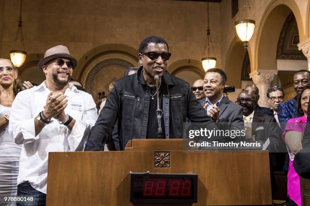 Kenneth 'Babyface' Evans speaks during the recognition presentation of SOLAR 40th Anniversary for Los Angeles's African-American Music Appreciation...