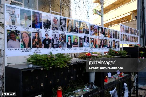 January 2018, Romania, Bukarest: Pictures remind of the 64 victims of the fire catastrophe at the Club Colectiv at the Strada Tabacarilor 7. On 30...