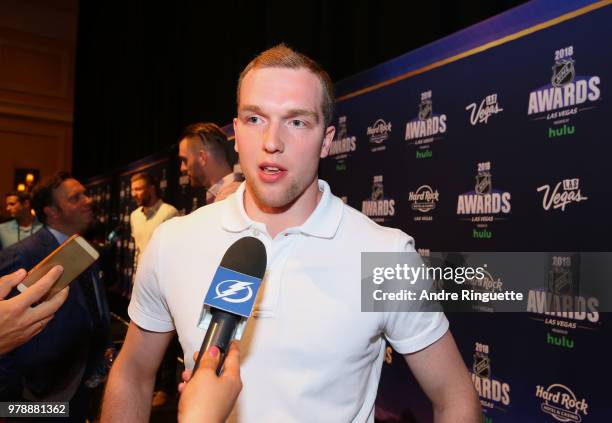 Andrei Vasilevskiy of the Tampa Bay Lightning speaks during media availability at the Hard Rock Hotel & Casino on June 19, 2018 in Las Vegas, Nevada.