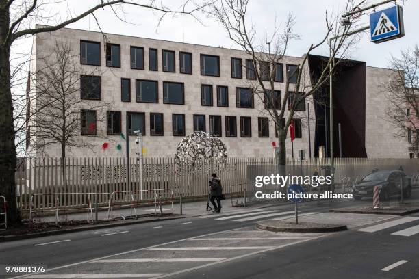 February 2018, Germany, Berlin.Pedestrians walk past the Turkish Embassy. So far unknown perpetrators attacked the building with paint bags in the...