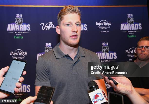 Nathan MacKinnon of the Colorado Avalanche speaks during media availability at the Hard Rock Hotel & Casino on June 19, 2018 in Las Vegas, Nevada.