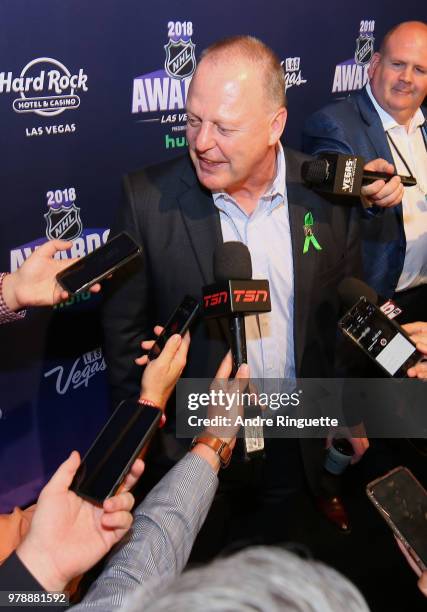 Head Coach Gerard Gallant of the Vegas Golden Knights speaks during media availability at the Hard Rock Hotel & Casino on June 19, 2018 in Las Vegas,...