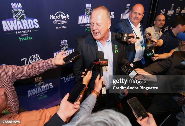 Head Coach Gerard Gallant of the Vegas Golden Knights speaks during media availability at the Hard Rock Hotel & Casino on June 19, 2018 in Las Vegas,...
