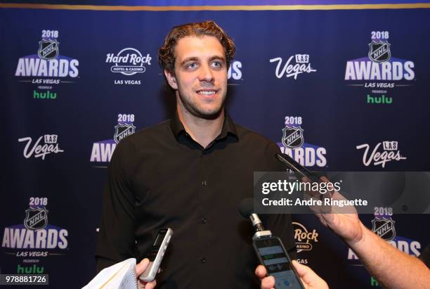 Anze Kopitar of the Los Angeles Kings speaks during media availability at the Hard Rock Hotel & Casino on June 19, 2018 in Las Vegas, Nevada.