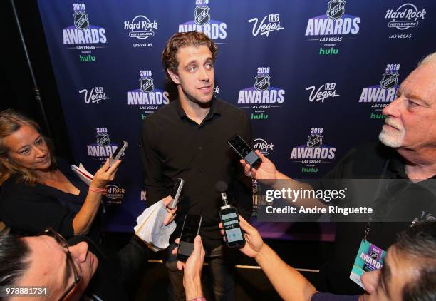 Anze Kopitar of the Los Angeles Kings speaks during media availability at the Hard Rock Hotel & Casino on June 19, 2018 in Las Vegas, Nevada.