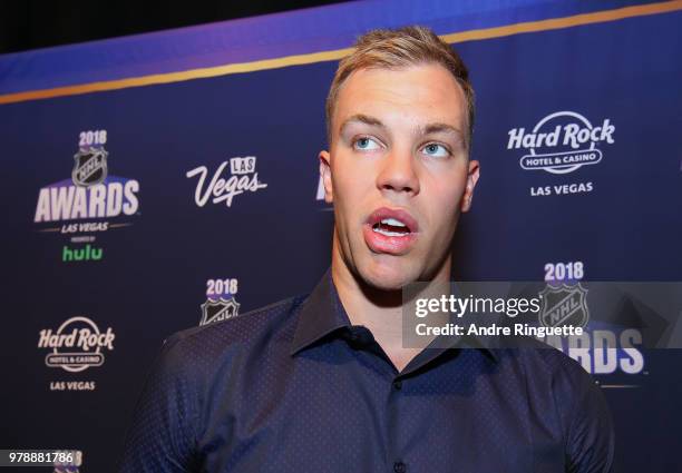 Taylor Hall of the New Jersey Devils speaks during media availability at the Hard Rock Hotel & Casino on June 19, 2018 in Las Vegas, Nevada.