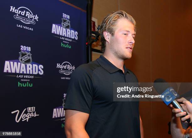 Brock Boeser of the Vancouver Canucks speaks during media availability at the Hard Rock Hotel & Casino on June 19, 2018 in Las Vegas, Nevada.