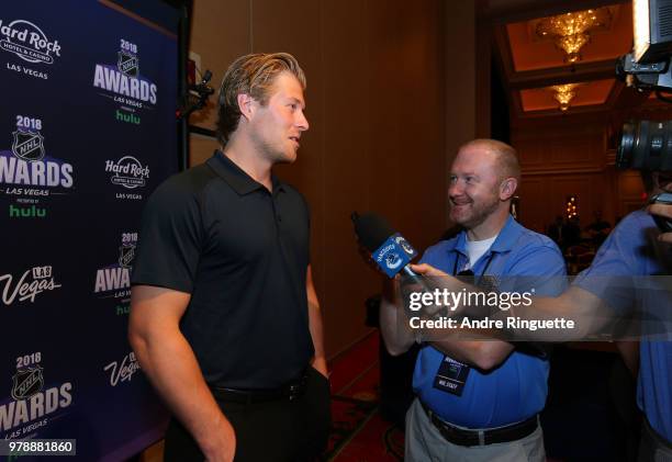 Brock Boeser of the Vancouver Canucks speaks during media availability at the Hard Rock Hotel & Casino on June 19, 2018 in Las Vegas, Nevada.