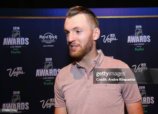 Sean Couturier of the Philadelphia Flyers speaks during media availability at the Hard Rock Hotel & Casino on June 19, 2018 in Las Vegas, Nevada.