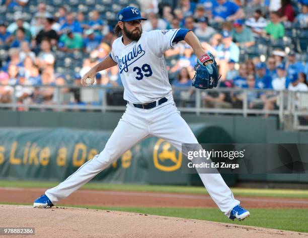 Jason Hammel of the Kansas City Royals throws in the first inning against the Texas Rangers at Kauffman Stadium on June 19, 2018 in Kansas City,...