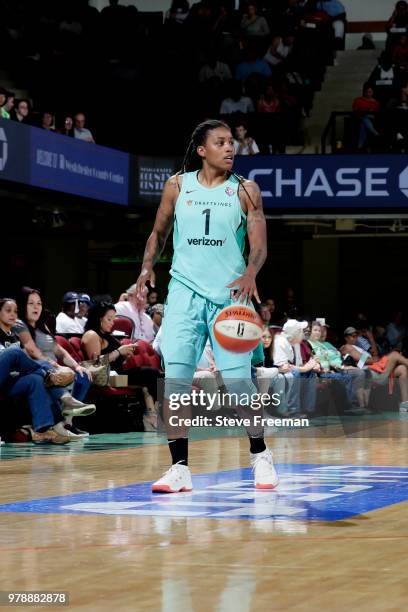 Shavonte Zellous of the New York Liberty handles the ball against the Atlanta Dream on June 19, 2018 at Westchester County Center in White Plains,...