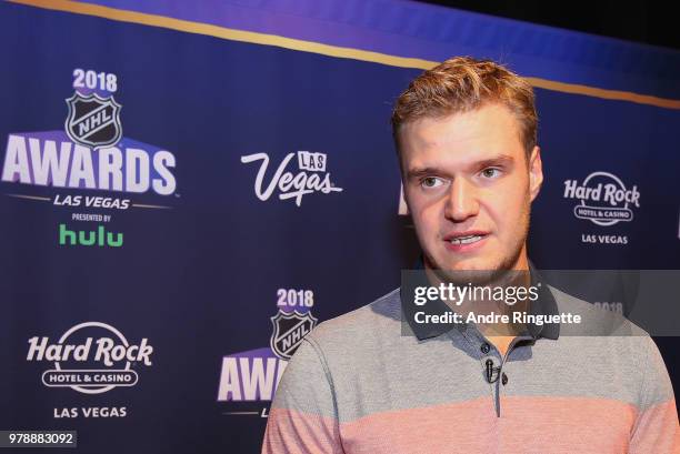 Aleksander Barkov of the Florida Panthers speaks during media availability at the Hard Rock Hotel & Casino on June 19, 2018 in Las Vegas, Nevada.