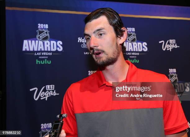 Connor Hellebuyck of the Winnipeg Jets speaks during media availability at the Hard Rock Hotel & Casino on June 19, 2018 in Las Vegas, Nevada.