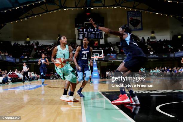 Shavonte Zellous of the New York Liberty handles the ball against the Atlanta Dream on June 19, 2018 at Westchester County Center in White Plains,...