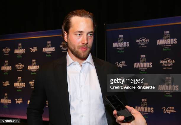 Victor Hedman of the Tampa Bay Lightning speaks during media availability at the Hard Rock Hotel & Casino on June 19, 2018 in Las Vegas, Nevada.