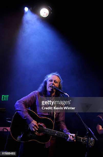 Singer/songwriter Donovan performs at a concert to benefit the David Lynch Foundation at the El Rey Theatre on March 19, 2010 in Los Angeles,...