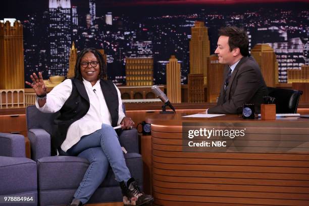Episode 0887 -- Pictured: (l-r0 Comedian/Actress Whoopi Goldberg during and interview with host Jimmy Fallon on June 19, 2018 --