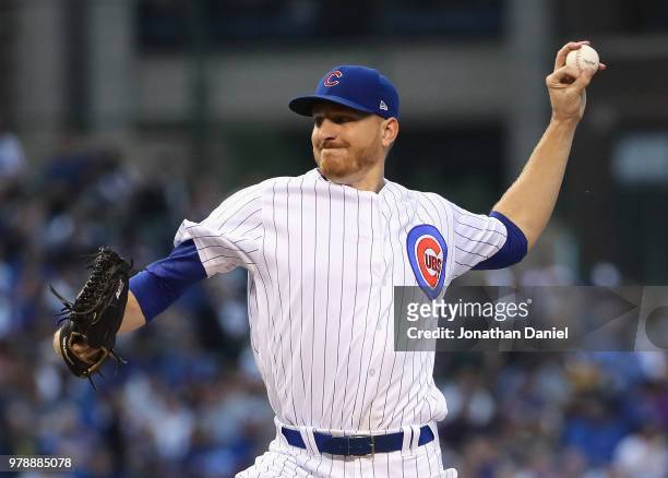 Starting pitcher Mike Montgomery of the Chicago Cubs delivers the ball against the Los Angeles Dodgers at Wrigley Field on June 19, 2018 in Chicago,...