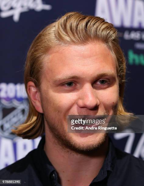 William Karlsson of the Vegas Golden Knights speaks during media availability at the Hard Rock Hotel & Casino on June 19, 2018 in Las Vegas, Nevada.