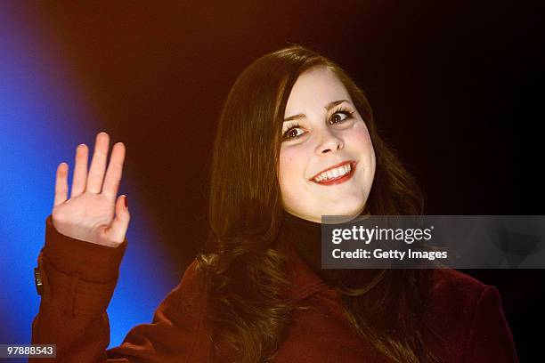 German singer Lena Meyer-Landrut performs on stage during the 'TV Total Wok WM 2010' on March 19, 2010 in Oberhof, Germany.