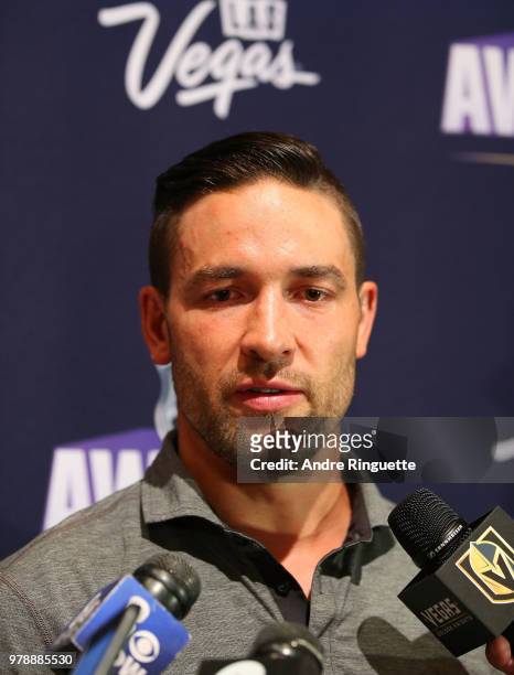 Deryk Engelland of the Vegas Golden Knights speaks during media availability at the Hard Rock Hotel & Casino on June 19, 2018 in Las Vegas, Nevada.