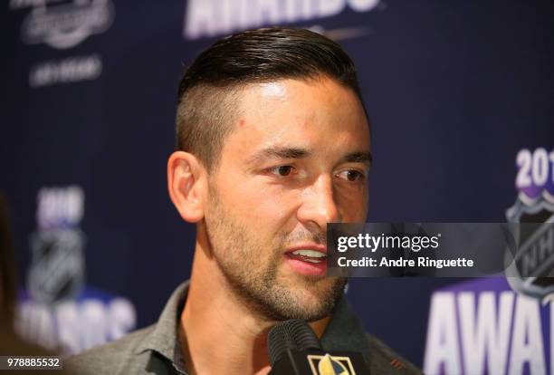 Deryk Engelland of the Vegas Golden Knights speaks during media availability at the Hard Rock Hotel & Casino on June 19, 2018 in Las Vegas, Nevada.