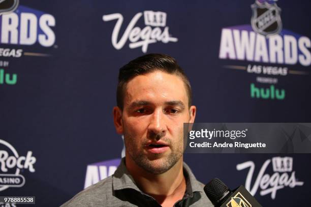 Deryk Engelland of the Vegas Golden Knights speaks during media availability at the Hard Rock Hotel & Casino on June 19, 2018 in Las Vegas, Nevada.